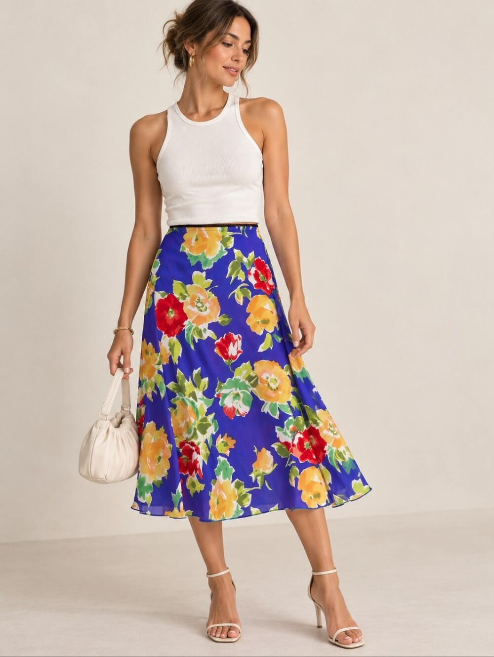 R. Marks New York Floral Midi Skirt Purple Elastic Waist Medium
